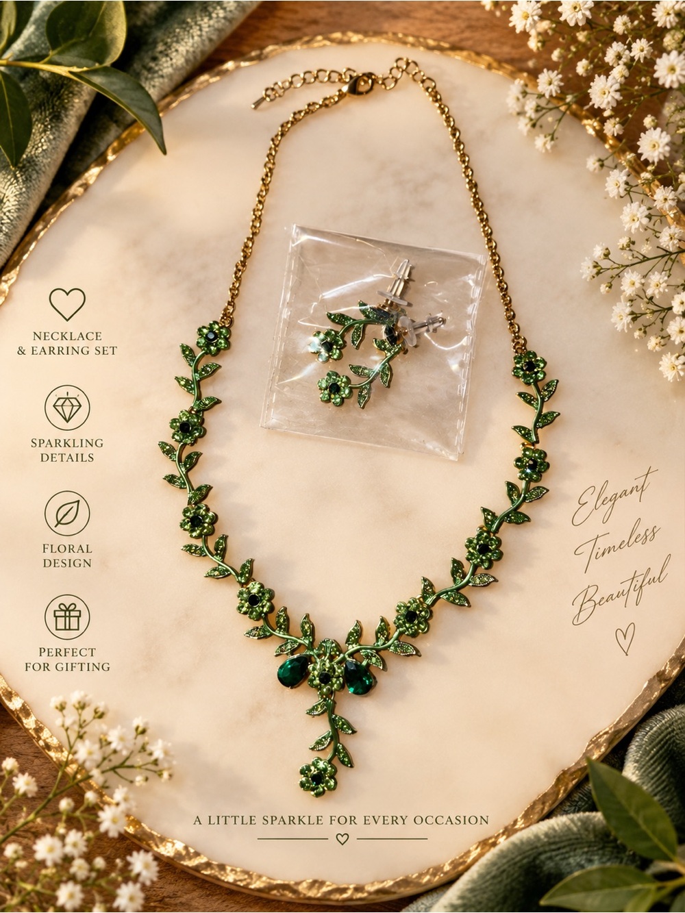 *Unknown Brand* Elegant Green Floral Necklace and Earring Set